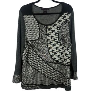 Elena Wang Angora Blend Mix Media Black Gray Scoop Neck Long Sleeve Knit XL Top